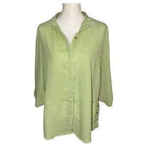 Peck & Peck‎ Women's Large Green Stripe Hidden Button Up Blouse Top Collared